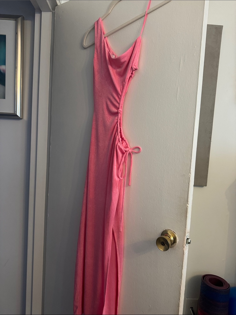 One-Shoulder Pink Slip Dress with Side Tie Detail